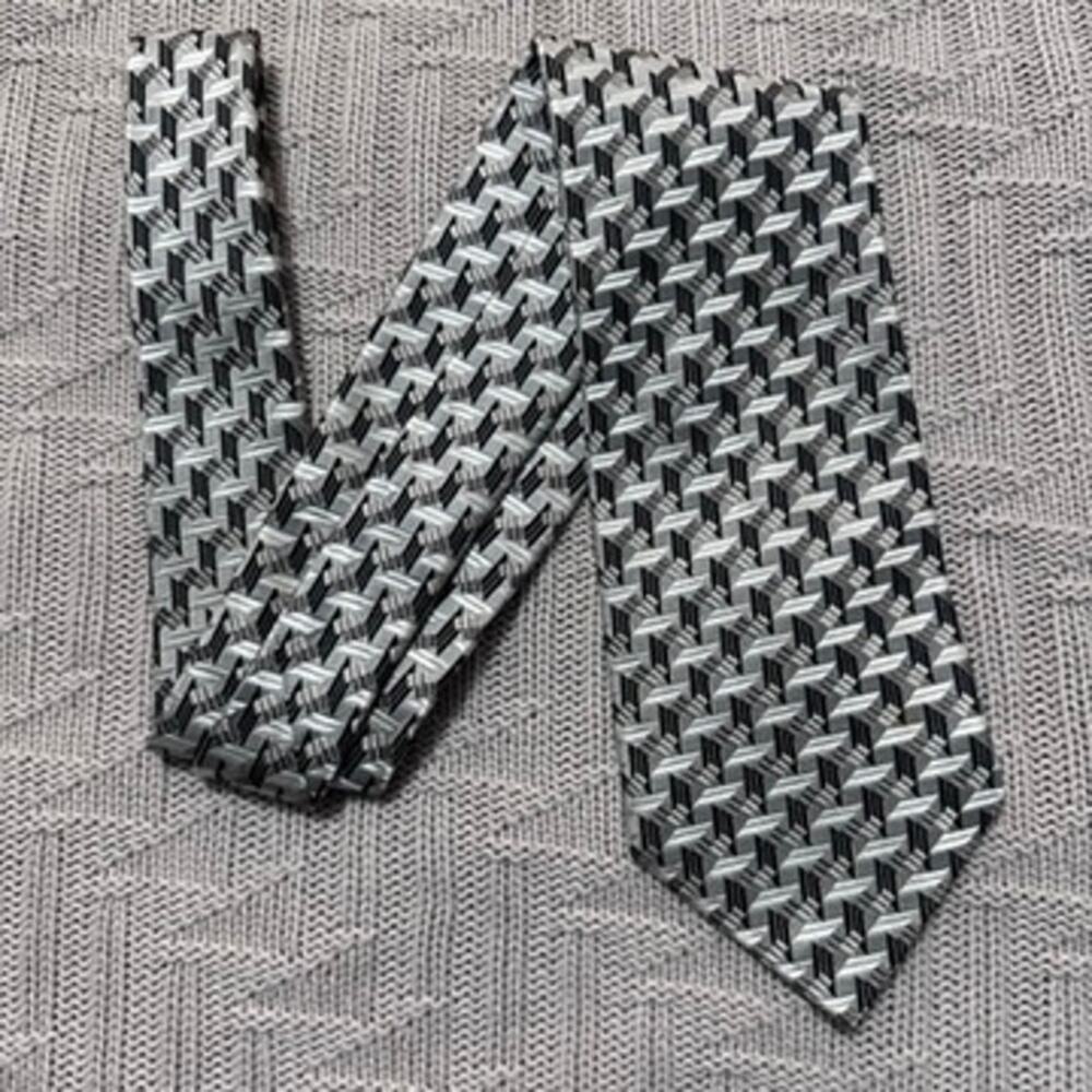 Serica silver gray and black geometric print Italian silk tie